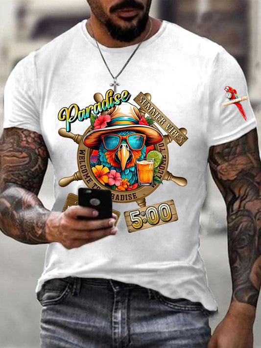 Men's Always Happy Hour Paradise It's 5 o'clock  Parrot Print Casual Short Sleeve Tee