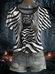 Women's Halloween Black Cat Stripes Print Casual Tee