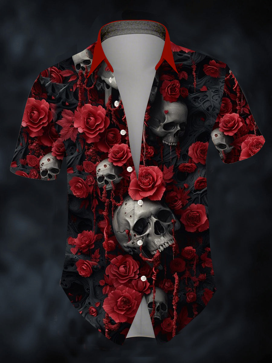 Men's Halloween Rose Skull Short Sleeve Shirt