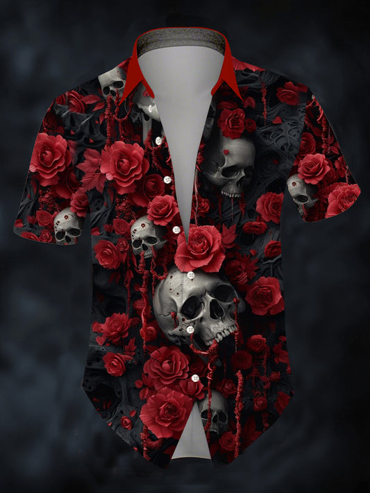 Men's Halloween Rose Skull Short Sleeve Shirt