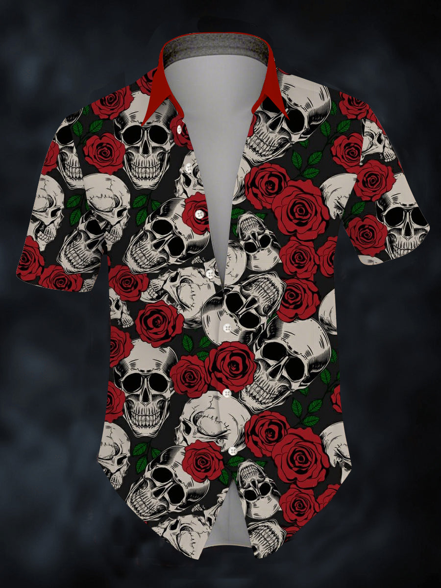 Men's Halloween Rose Skull Short Sleeve Shirt