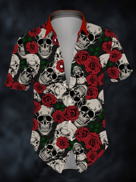 Men's Halloween Rose Skull Short Sleeve Shirt