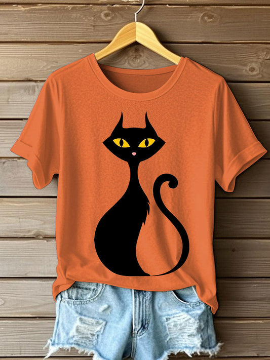Women's Halloween Black Cat Short Sleeve T-Shirt