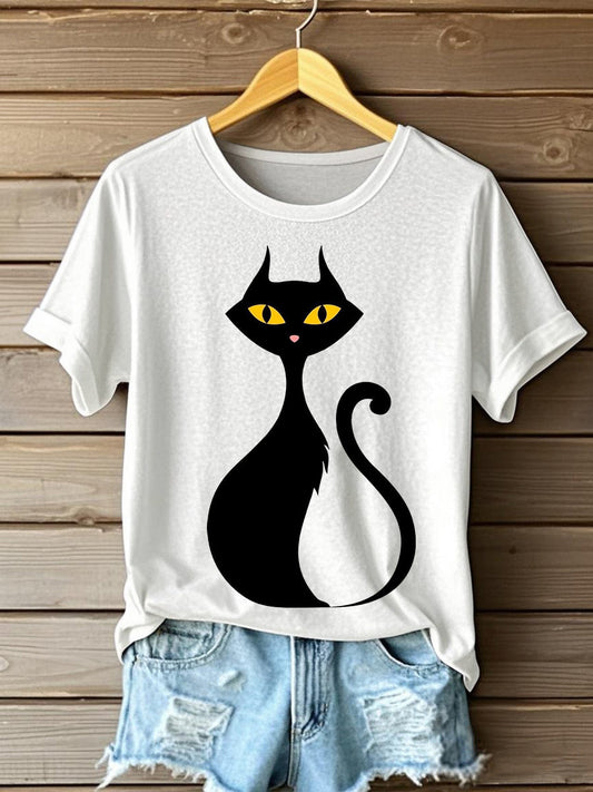 Women's Halloween Black Cat Short Sleeve T-Shirt