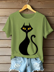 Women's Halloween Black Cat Short Sleeve T-Shirt