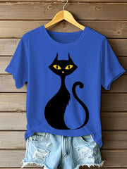 Women's Halloween Black Cat Short Sleeve T-Shirt