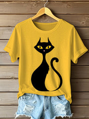 Women's Halloween Black Cat Short Sleeve T-Shirt