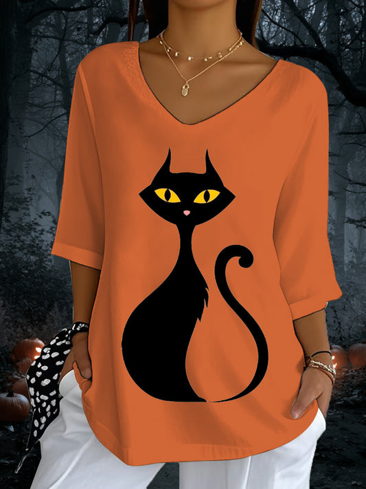 Women's Halloween Black Cat Print V-Neck T-Shirt