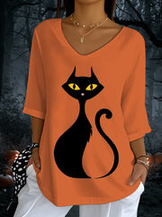 Women's Halloween Black Cat Print V-Neck T-Shirt