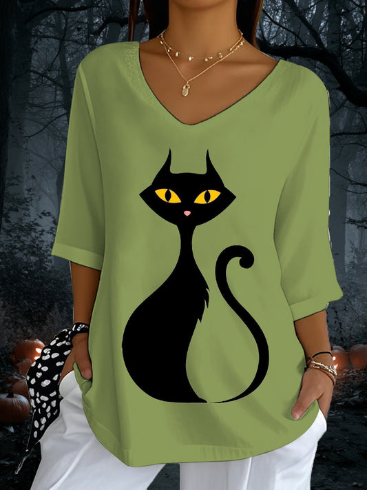 Women's Halloween Black Cat Print V-Neck T-Shirt
