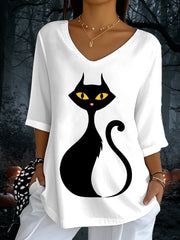 Women's Halloween Black Cat Print V-Neck T-Shirt