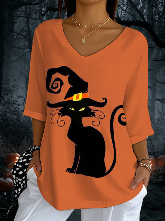 Women's Halloween Black Cat Print V-Neck T-Shirt