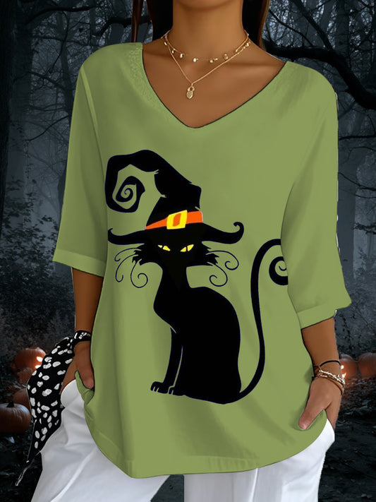 Women's Halloween Black Cat Print V-Neck T-Shirt