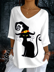 Women's Halloween Black Cat Print V-Neck T-Shirt
