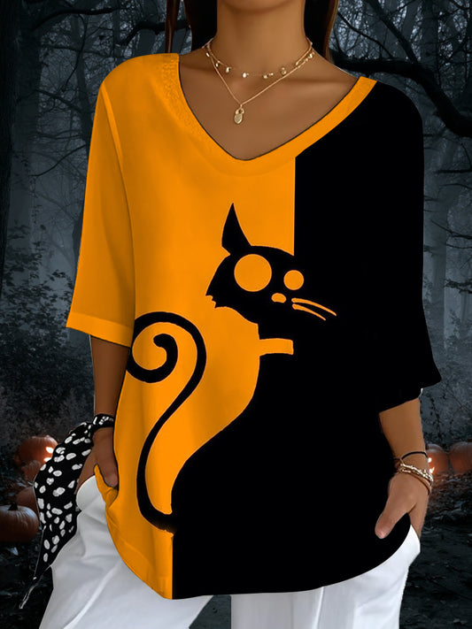 Women's Halloween Black Cat Print V-Neck T-Shirt