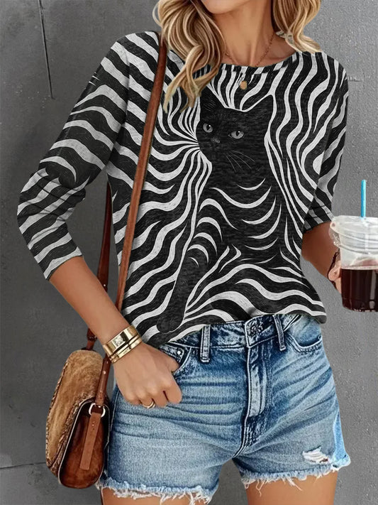 Women's Stripes Black Cat Print Casual Long Sleeve Shirt