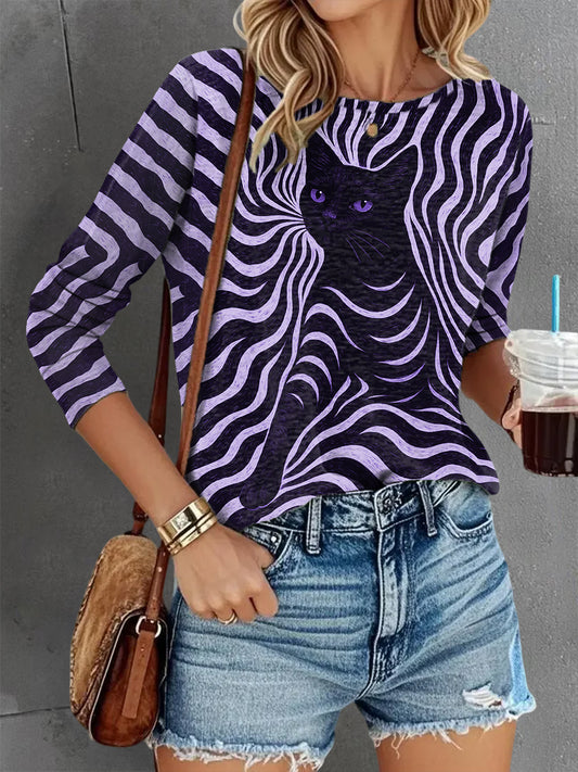 Women's Stripes Black Cat Print Casual Long Sleeve Shirt