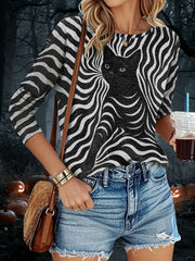 Women's Stripes Black Cat Print Casual Long Sleeve Shirt
