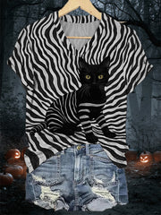 Women's Black Cat Stripes Print Casual V-Neck Tee