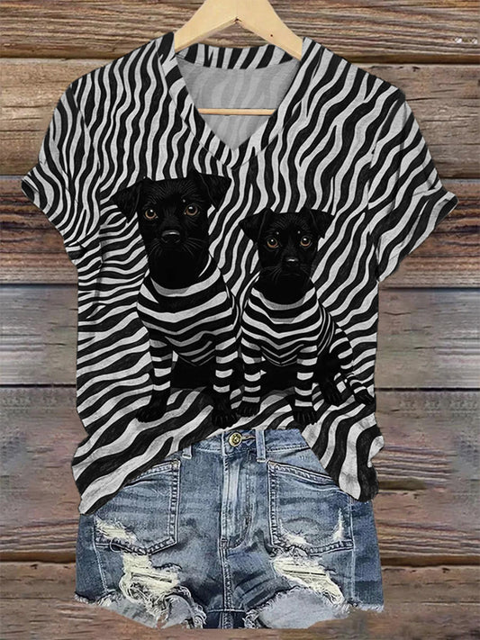 Women's Black Dog Stripes Print Casual V-Neck Tee