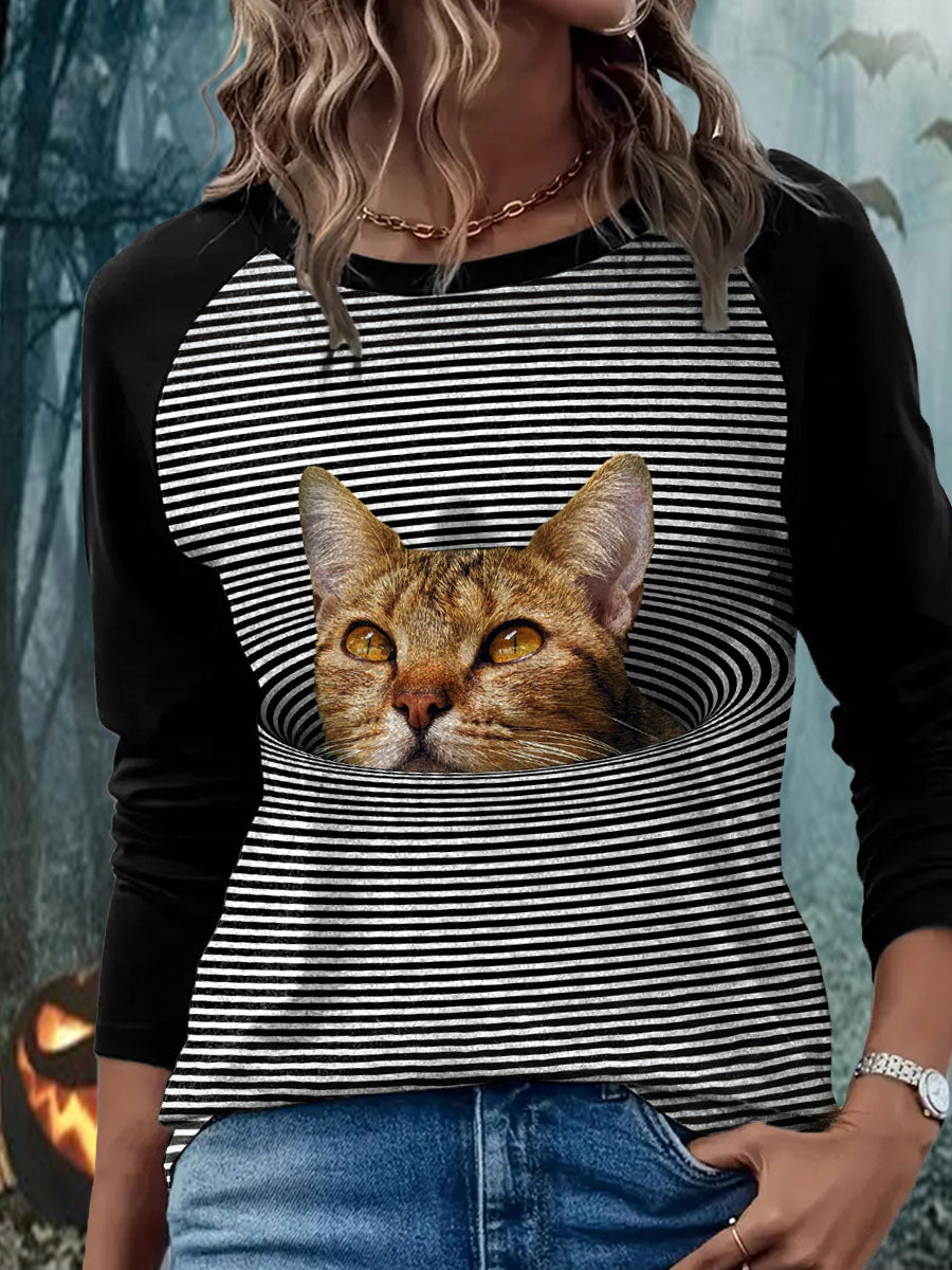 Women's psychedelic art cat long sleeve T-shirts