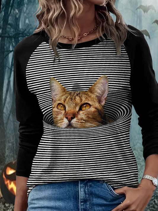 Women's psychedelic art cat long sleeve T-shirts