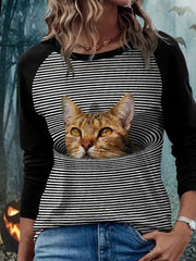 Women's psychedelic art cat long sleeve T-shirts