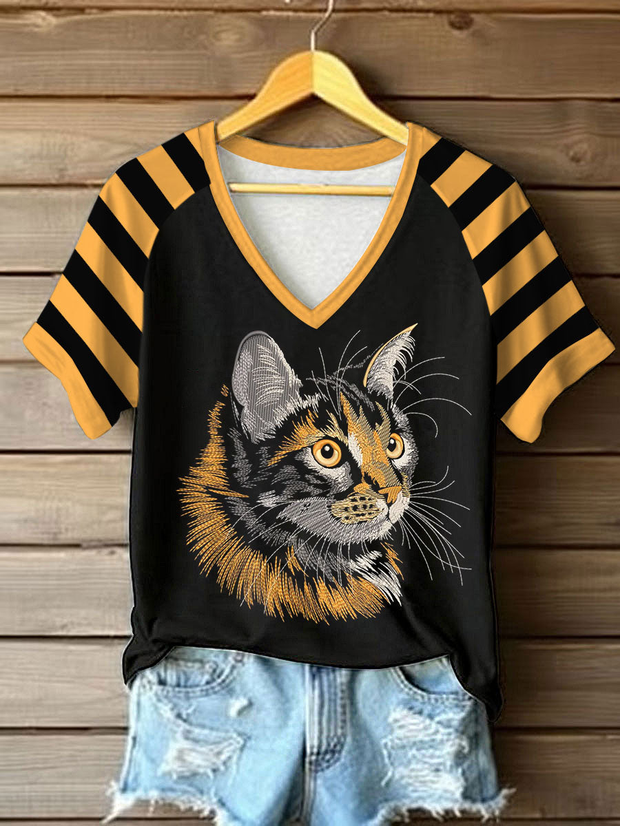 Women's Cute Cat V-neck off-shoulder short-sleeved T-shirt