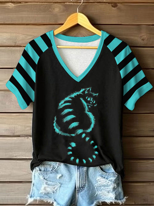 Women's Cute Cat V-neck off-shoulder short-sleeved T-shirt