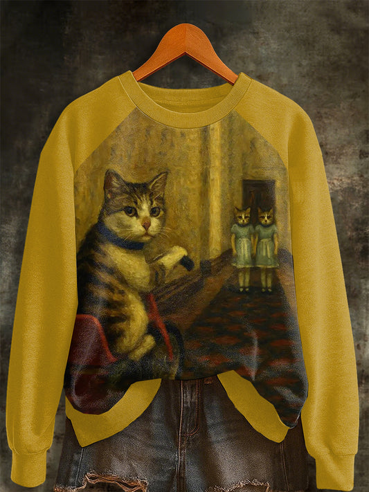 Women's Halloween Horror Movie Cat Raglan Sleeve Sweatshirt