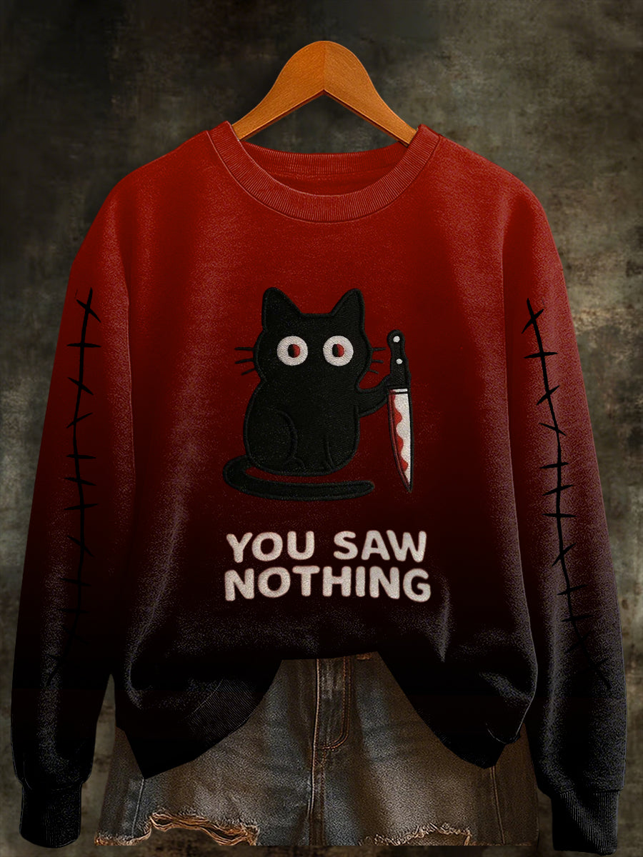 Women's Halloween Cat You Saw Nothing Print Sweatshirt