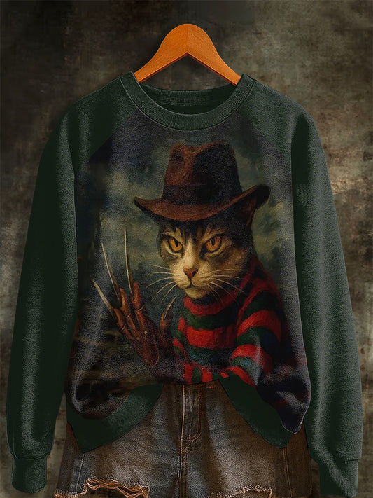 Women's Halloween Horror Movie Cat Raglan Sleeve Sweatshirt
