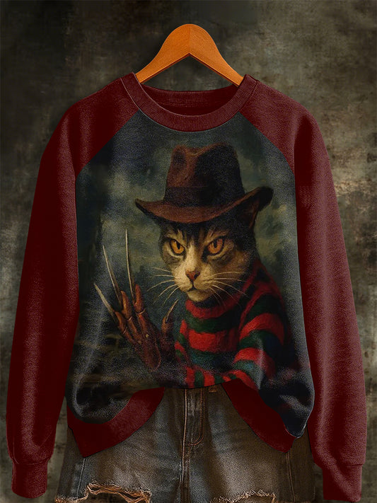 Women's Halloween Horror Movie Cat Raglan Sleeve Sweatshirt