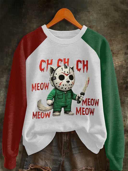 Women's Halloween Horror Movie Cat Raglan Sleeve Sweatshirt