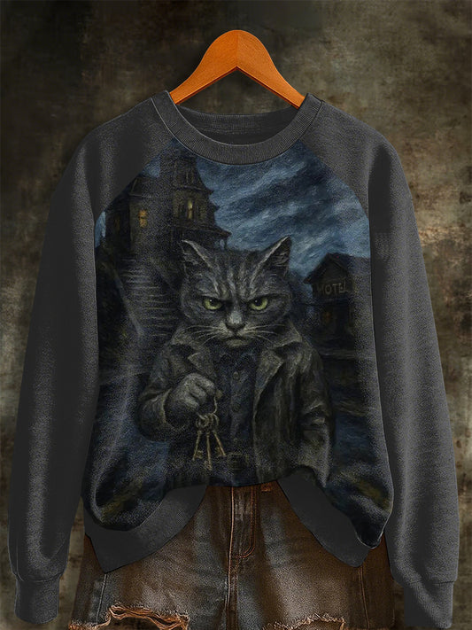 Women's Halloween Horror Movie Cat Raglan Sleeve Sweatshirt