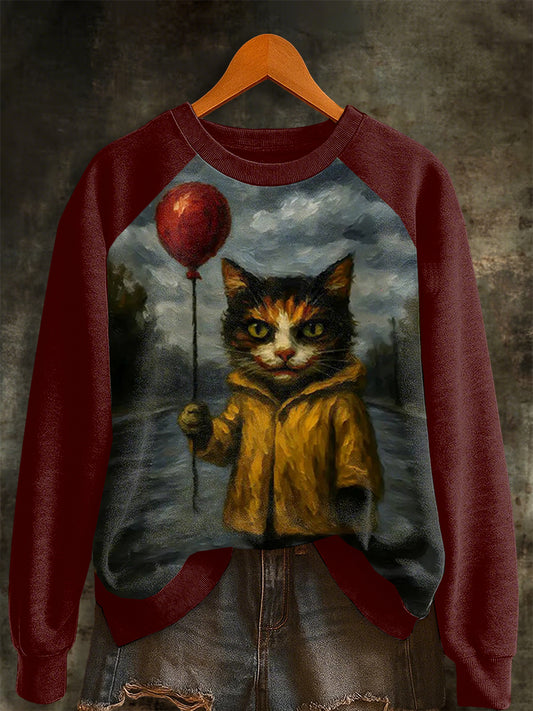 Women's Halloween Horror Movie Cat Raglan Sleeve Sweatshirt