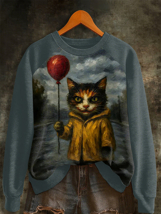 Women's Halloween Horror Movie Cat Raglan Sleeve Sweatshirt