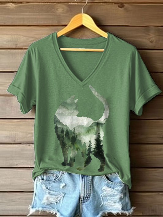Women's Cat Art Print Casual T-shirt