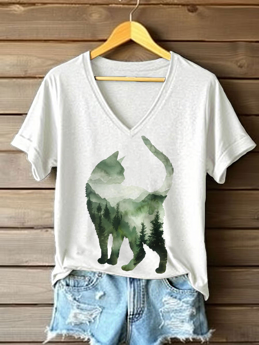 Women's Cat Art Print Casual T-shirt