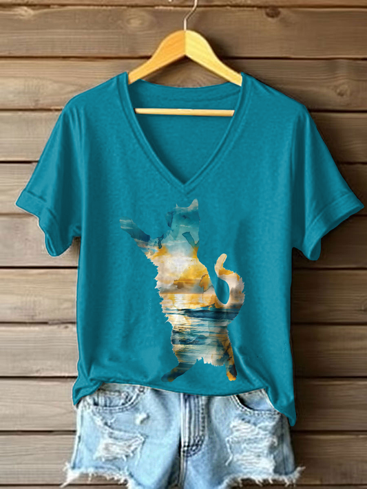 Women's Cat Art Print Casual T-shirt