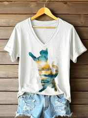 Women's Cat Art Print Casual T-shirt