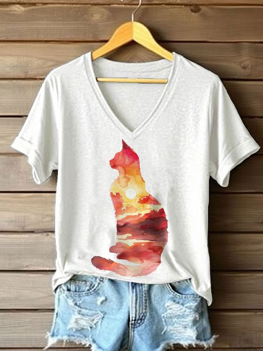 Women's Cat Art Print Casual T-shirt