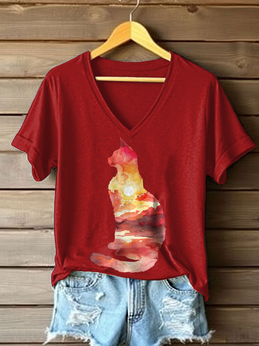Women's Cat Art Print Casual T-shirt