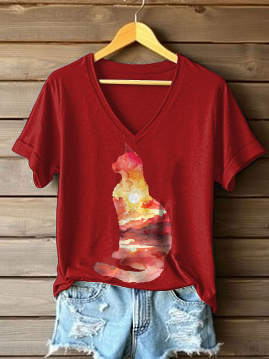 Women's Cat Art Print Casual T-shirt