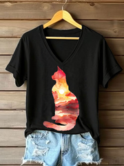 Women's Cat Art Print Casual T-shirt