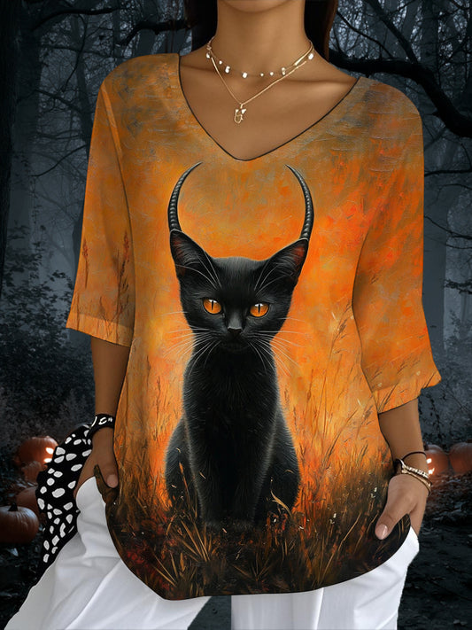 Women's Black Cat Print Casual Half-Sleeve Top