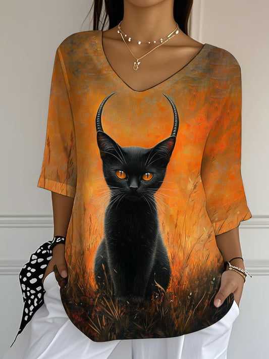Women's Black Cat Print Casual Half-Sleeve Top
