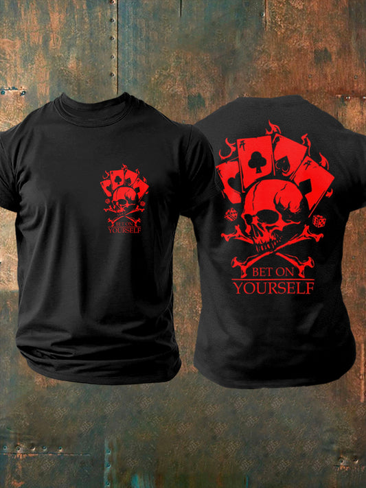 Men's BET ON YOURSELF Skull with Pokers Hellish Style Black Print T-shirt