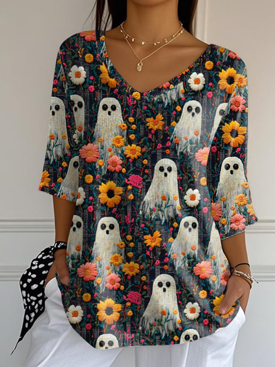 Women's Ghost Print V-Neck Five-quarter Sleeve Top
