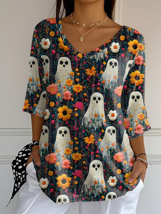 Women's Ghost Print V-Neck Five-quarter Sleeve Top
